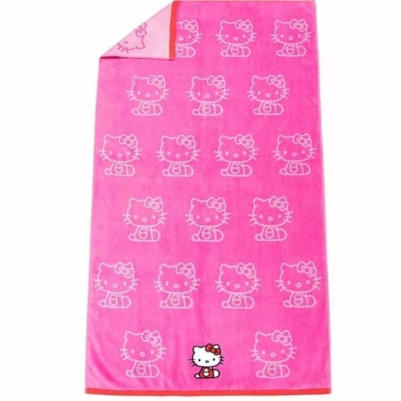NWOT Hello Kitty 100% Cotton Beach Towel Embroidered Sanrio 34x63 Bright Pink - Picture 1 of 4